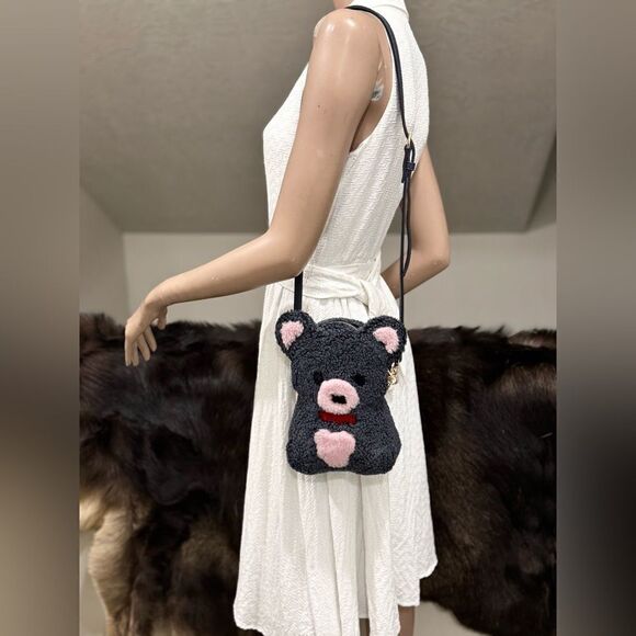 Gray Teddy Bear Purse, Handmade Colorblock Real Shearling Crossbody/Phone Pouch - Picture 4 of 16